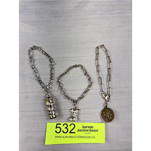 3 Silver Link Chain w/ Each One Charm Bracelets