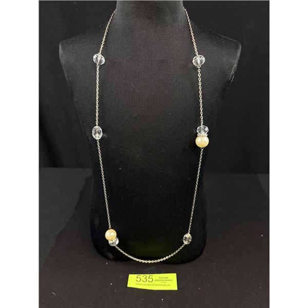 Extra Length Silver Chain w/ Large Heavy Crystal Glass Beads + Faux Pearls Necklace 35" Length