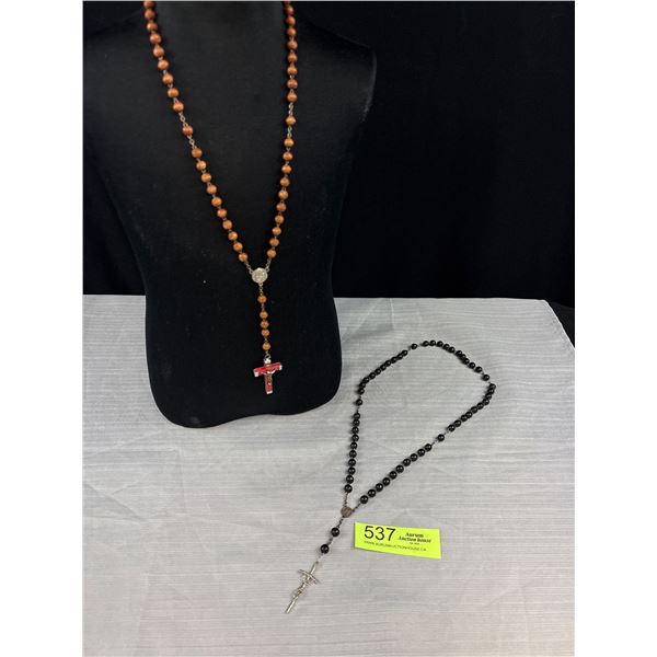 2 Antique Wooden Beads Rosaries Heavy Silver Tone Hammered Design