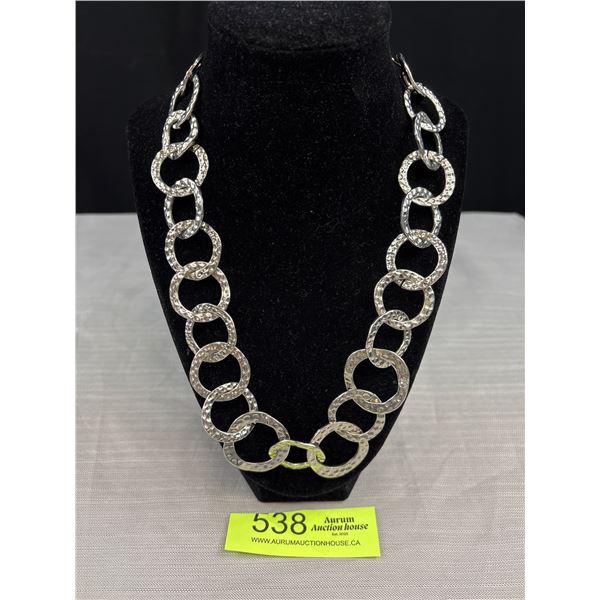 Heavy Silver Tone Hammered Design Links Necklace 18" - 20" Length