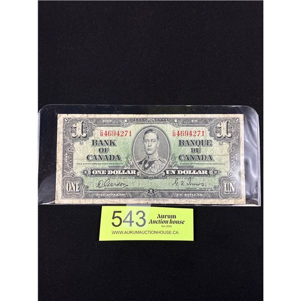 1937 Bank of Canada One Dollar Bank Note In Holder