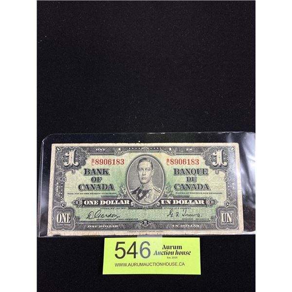 1937 Bank of Canada One Dollar Bank Note In Holder