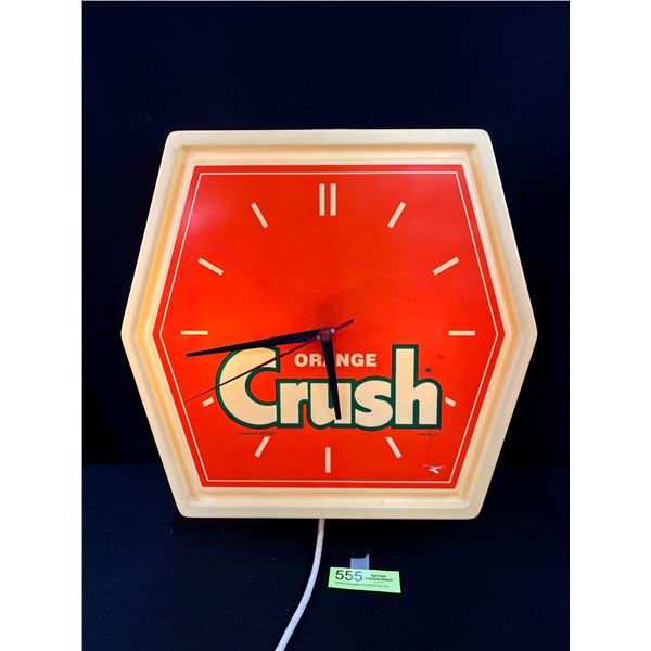 Vintage Orange Crush Light Up Wall Clock In Good Working Order Has Small Crack on Side