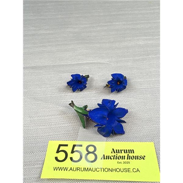 Vintage Hand Carved + Hand Painted Blue Eneian Flower Brooch + Matching Pair of earrings Set, Rare