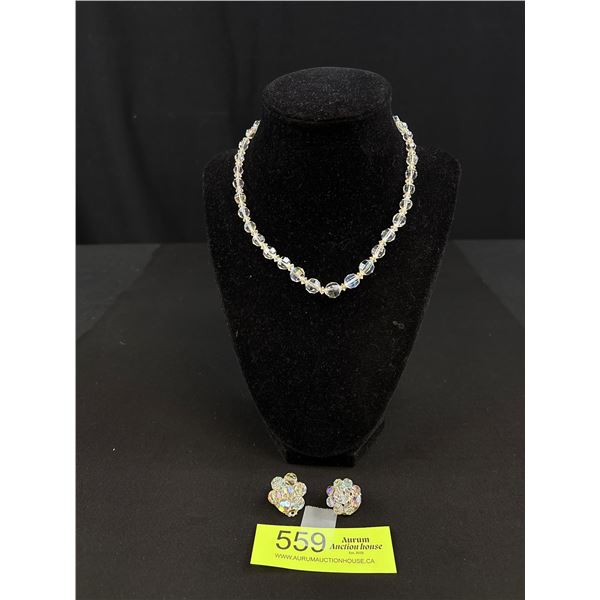 Vintage Crystal Beads Necklace + Matching Clip On Earrings Set