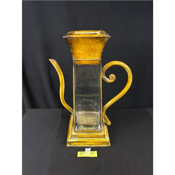 Tall Metal/Glass Pitcher/Tea Pot Design Vase 15 1/2 Inches Height