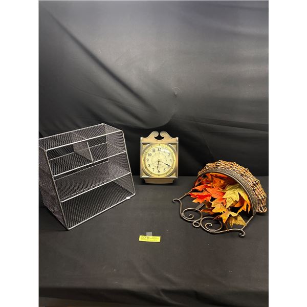 Vintage Metal Wire Desk Unit, Vintage WestClox Electic Wall Clock Working, and Wrought Iron Wall Bas