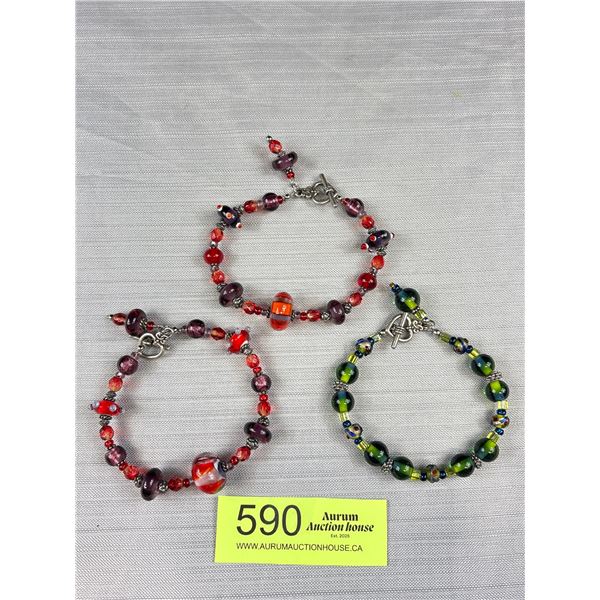 3 Venetian Glass Beads Bracelets w/ Toggle Closures