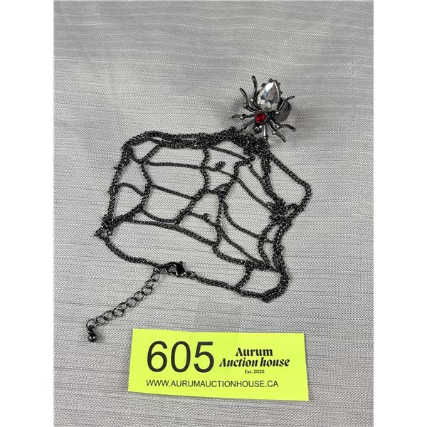 Black Metal w/ Stones Spider Ring w/ Connected Spider Web Bracelet