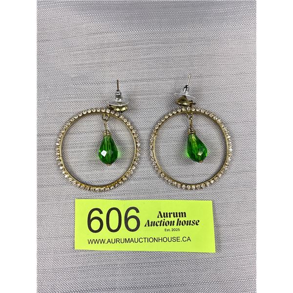 Pair of Rhinestones Circle w/ Green Glass Charm Dangle Earrings