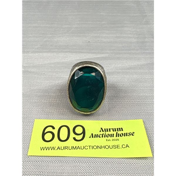 Huge Silver Tone w/ Faceted Green Glass Stone Ring Vintage Unmarked, Size 8.5, Heavy Weight