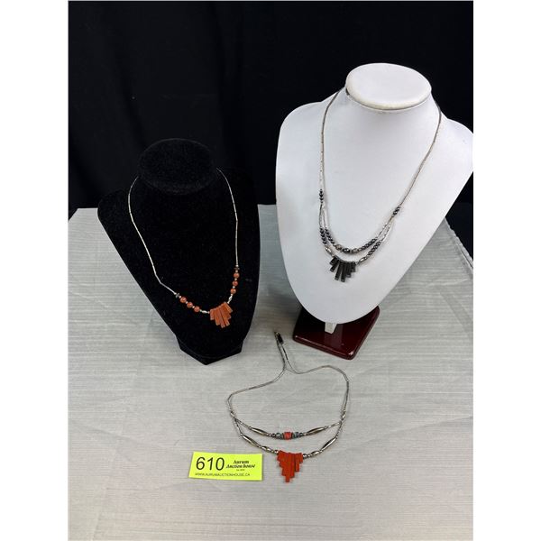 3 Vintage Liquid Silver w/ Gem Stones Necklaces