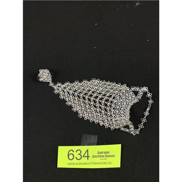 Silver Adjustable Sizes Ring w/ Connected Bracelet Set