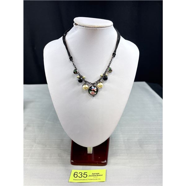 Vintage Beads + Pearls w/ Black Cord Necklace