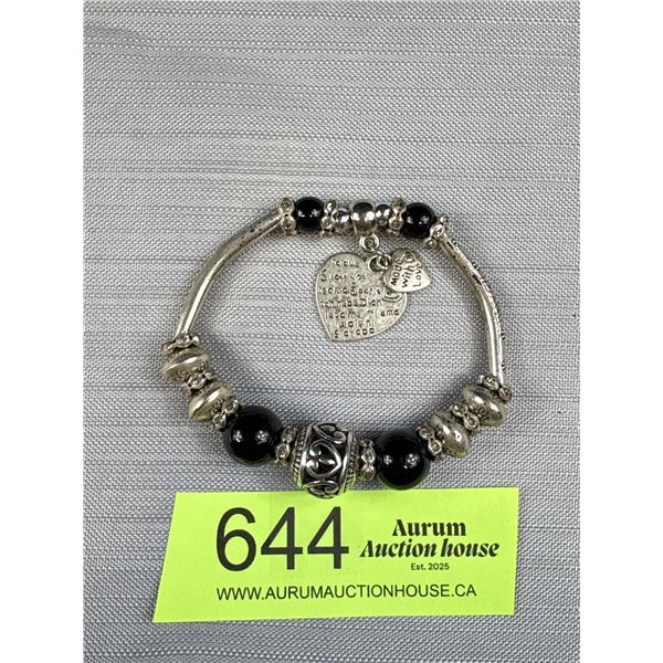Silver w/ Beads + Heart Charms Stretch Bracelet
