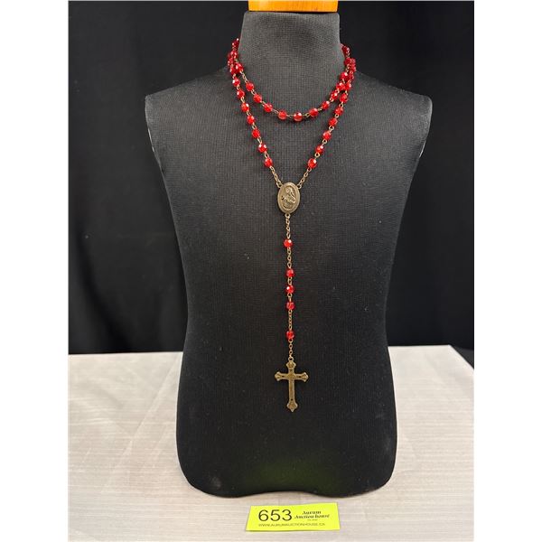 Antique Red Beads Rosary, Saint Therese Pray For Us, Condition As Is