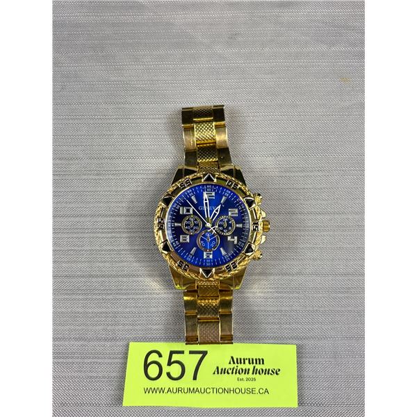 Great Gold Plated Genevea Quartz Watch, Working, Colbalt Blue Dial