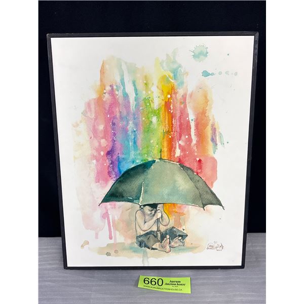 Nicely Framed Local Artist Lora Zombie Wall Art Umbrella Boy 10" x 12"