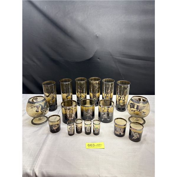 Nice Shelf Lot of Vintage Aztec Silver Etched Smoked Glasses Peru