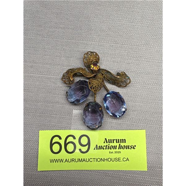 Antique Brooch w/ 3 Large Blue Stones + 1 Borealis Rhinestone