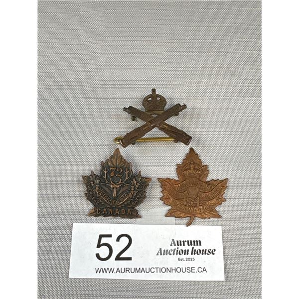 WW1 CEF 54 CAN INF Cap Badge, 72 CAN INF Collar Badge , Machine Gun Collar Badge