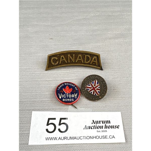WW1 Canadian Badges 1) Service at the Front 2) Canadian Victory Bonds 3) Canada Shoulder Badge