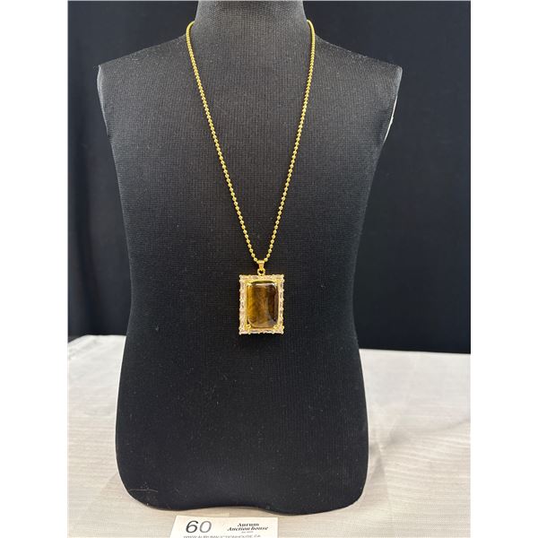 Huge Vintage Genuine Tigers Eye Gemstone Necklace Quality! Marked 750 Gold Plated 18K