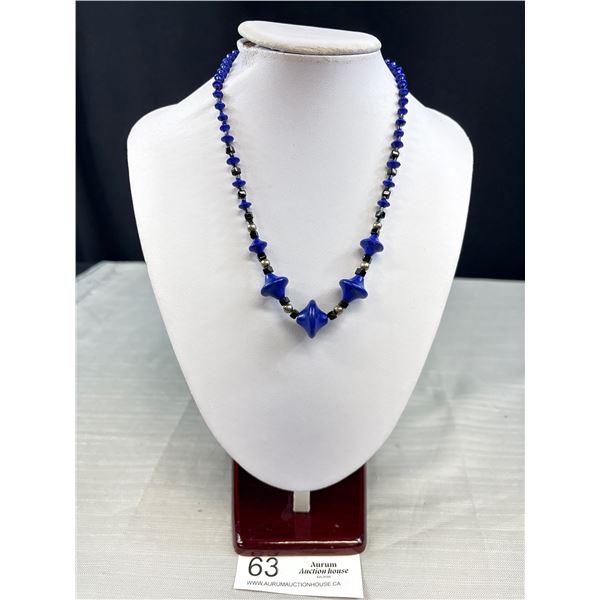 Genuine Exquisite Art Deco 1920's Blue Lapis Glass Bead Necklace Unique Shape
