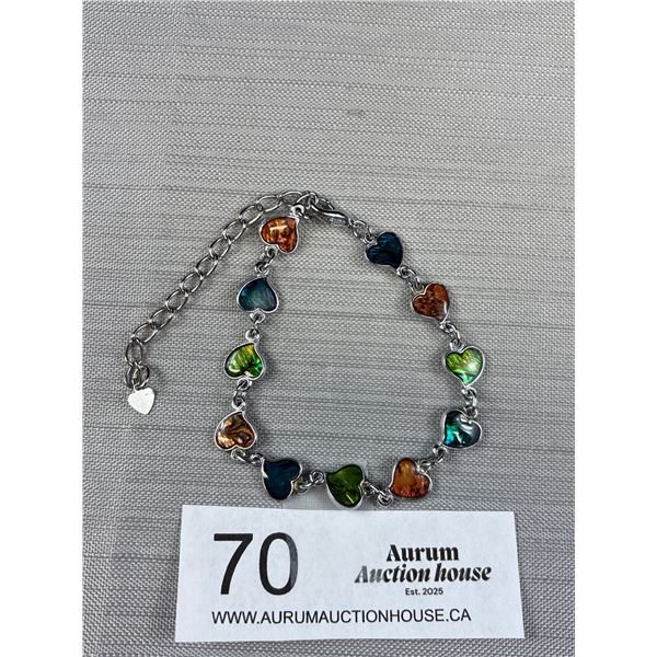 Genuine Vintage Abalone Silver Heart Bracelet, Very Nice!