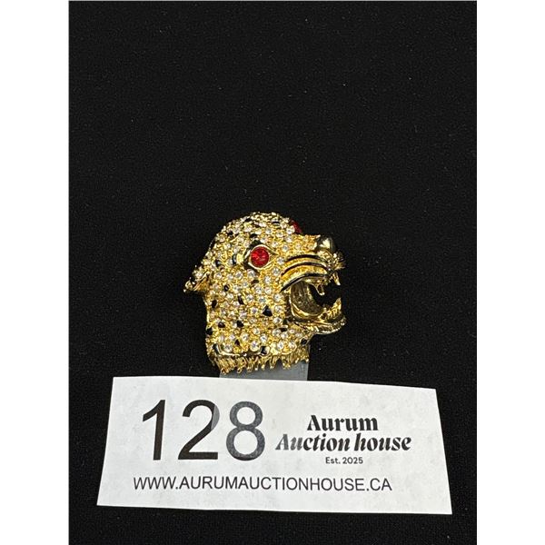Vintage Leopard Head Rhinestone Brooch - Red Eyes