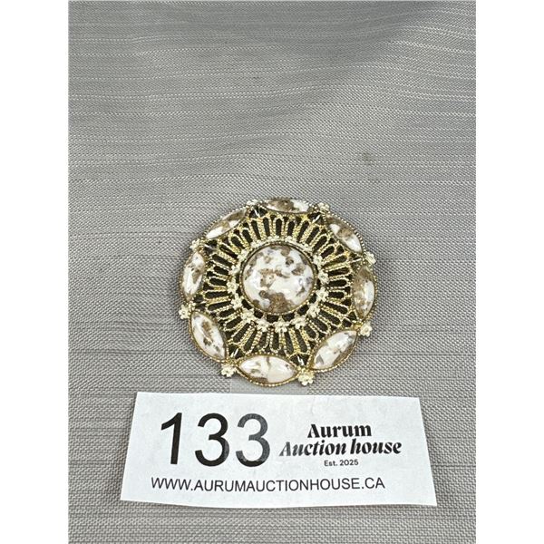 Vintage Cream Brooch/Pin Gold Stone Glitter Cabs w/ Round Open Goldtone Work