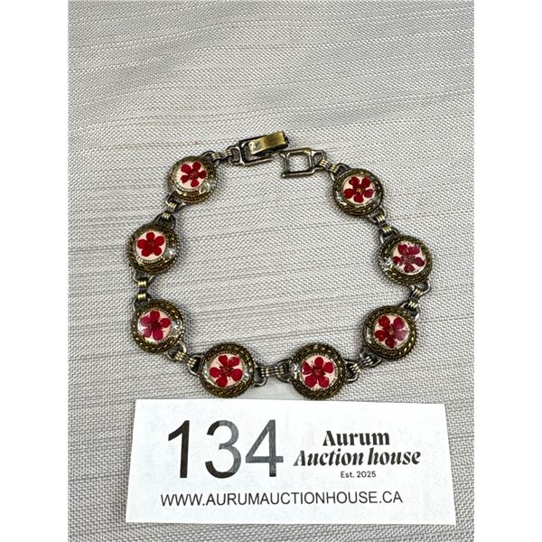 Vintage Metal Link Bracelet Featuring Round Bezels w/ Preserved Flowers Set in Resin