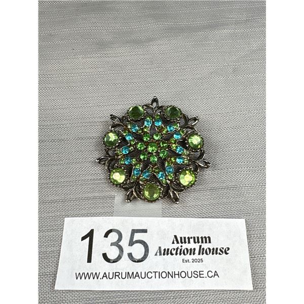 Stunning Vintage Blue & Green Rhinestone Brooch