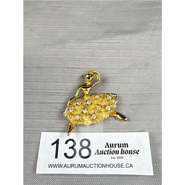 Pretty Vintage Ballerina Brooch w/ Clear Rhinestones