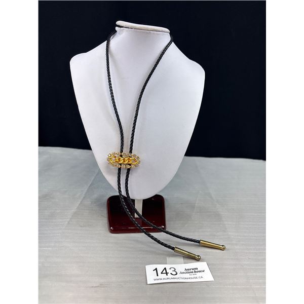 Vintage Handcrafted Bolo Tie w/ Gold Plated Chain Link & Prong Set Rhinestone Accents