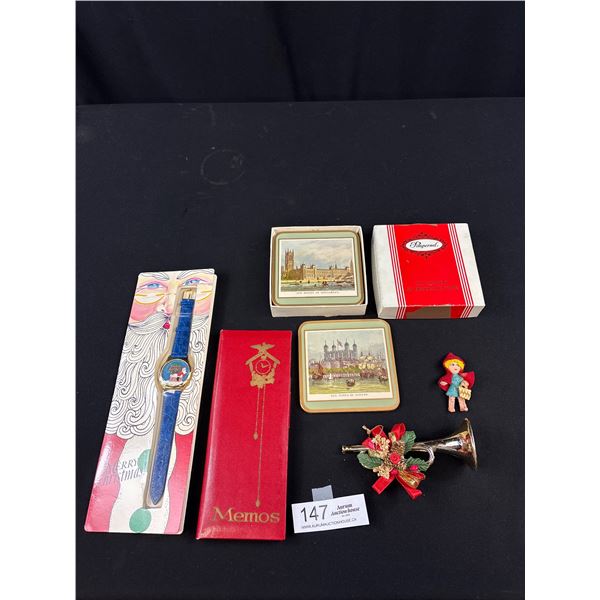 Vintage Collectable Lot - Memo Book, Santa Watch, Ornaments, Coasters