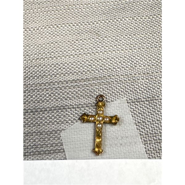 Antique Marked 10K Gold Genuine Pearl Cross Charm Pendant