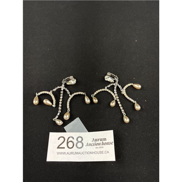 A Very Cool Pair of Rhinestone + Faux Pearl 1950s Earrings