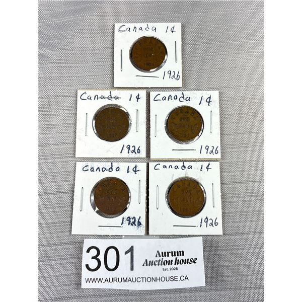 Lot of 5 1926 Canadian Pennies in Holders Key Date