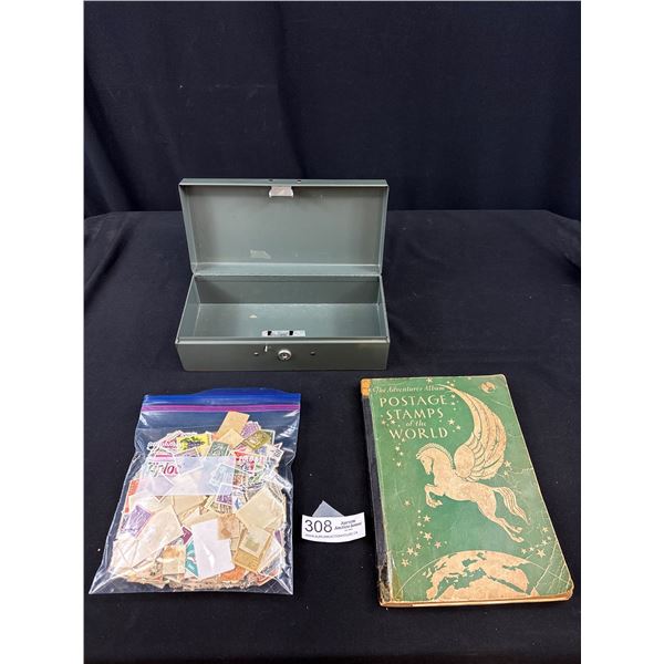 Tin Box Full of Vintage Stamps + Small Postage Book Filled w/ World Stamps