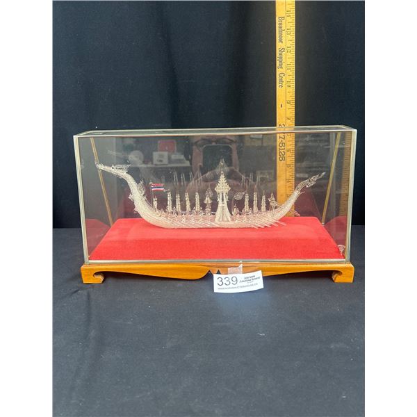 14" Wide Thai Glass Dragon Boat in Museum Case