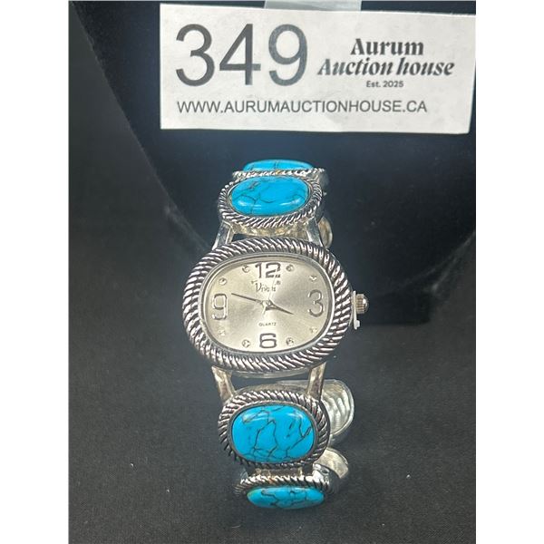 Silver w/ Turquoise Vivani Quartz Watch, Open Cuff Bangle, Battery Required