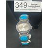 Image 1 : Silver w/ Turquoise Vivani Quartz Watch, Open Cuff Bangle, Battery Required