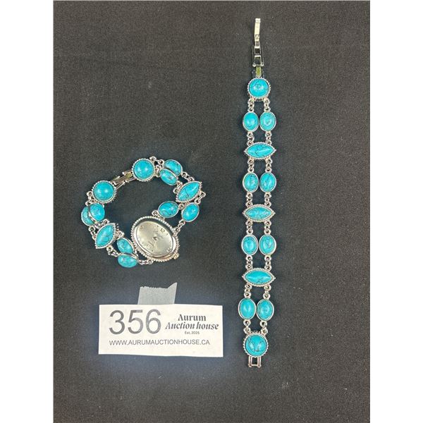 Lexington Quartz Watch w/ Turquoise Stones + Matching Bracelet Set, Battery Required