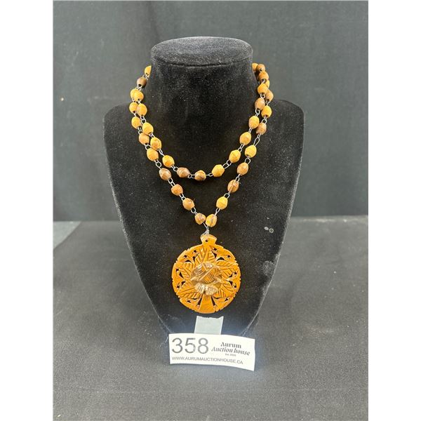 Vintage Hand Carved Pendant Wood + Beads Necklace