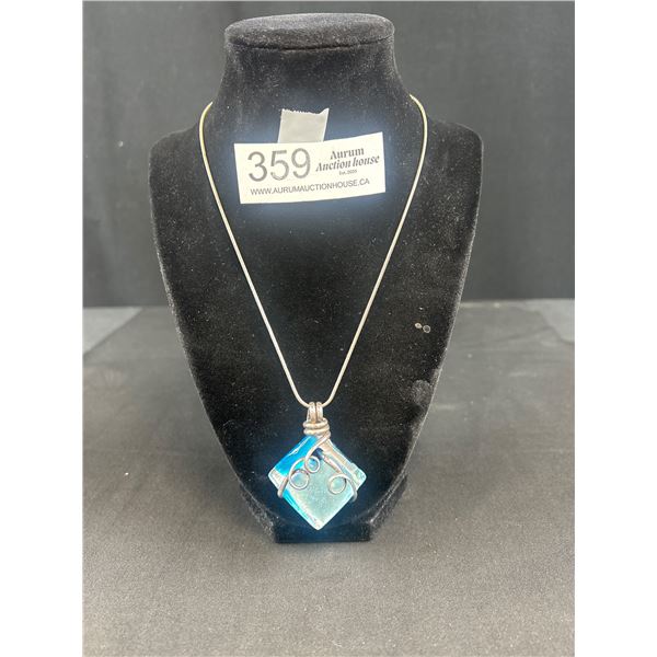 Hand Crafted Blue Glass Pendant w/ Chain Necklace
