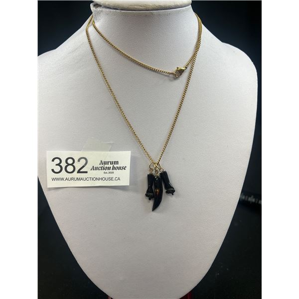 3 Hand Carved Black Coral Pendants w/ Long Gold Colour Chain Necklace