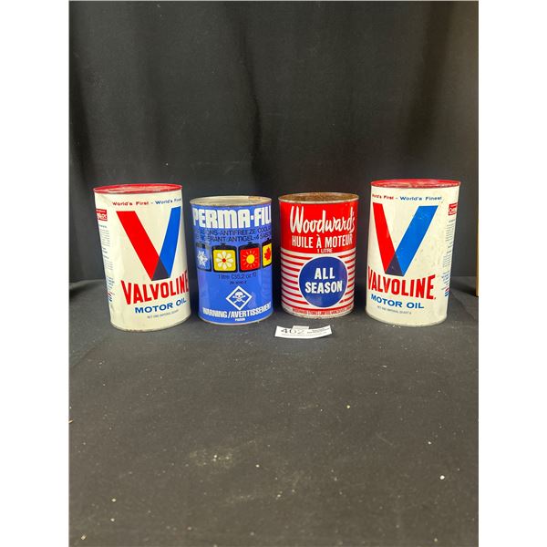 2 Full Valvoline Motor Oil Tins and Woodwards Tin Plus Perma-Fill Full Tins
