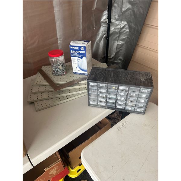 Lot of 4 Small Metal Peg Boards with Pegs Dust Masks etc.. No Shipping