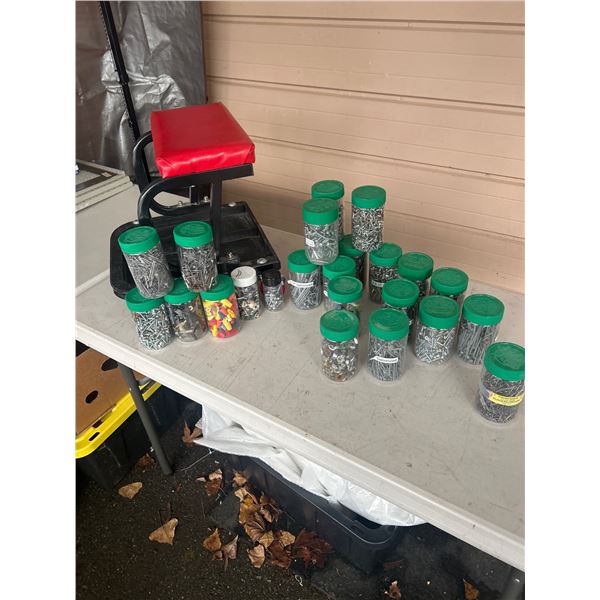 Small Sit on Rolling Chair and Containers of Screws and Nails No Shipping Heavy